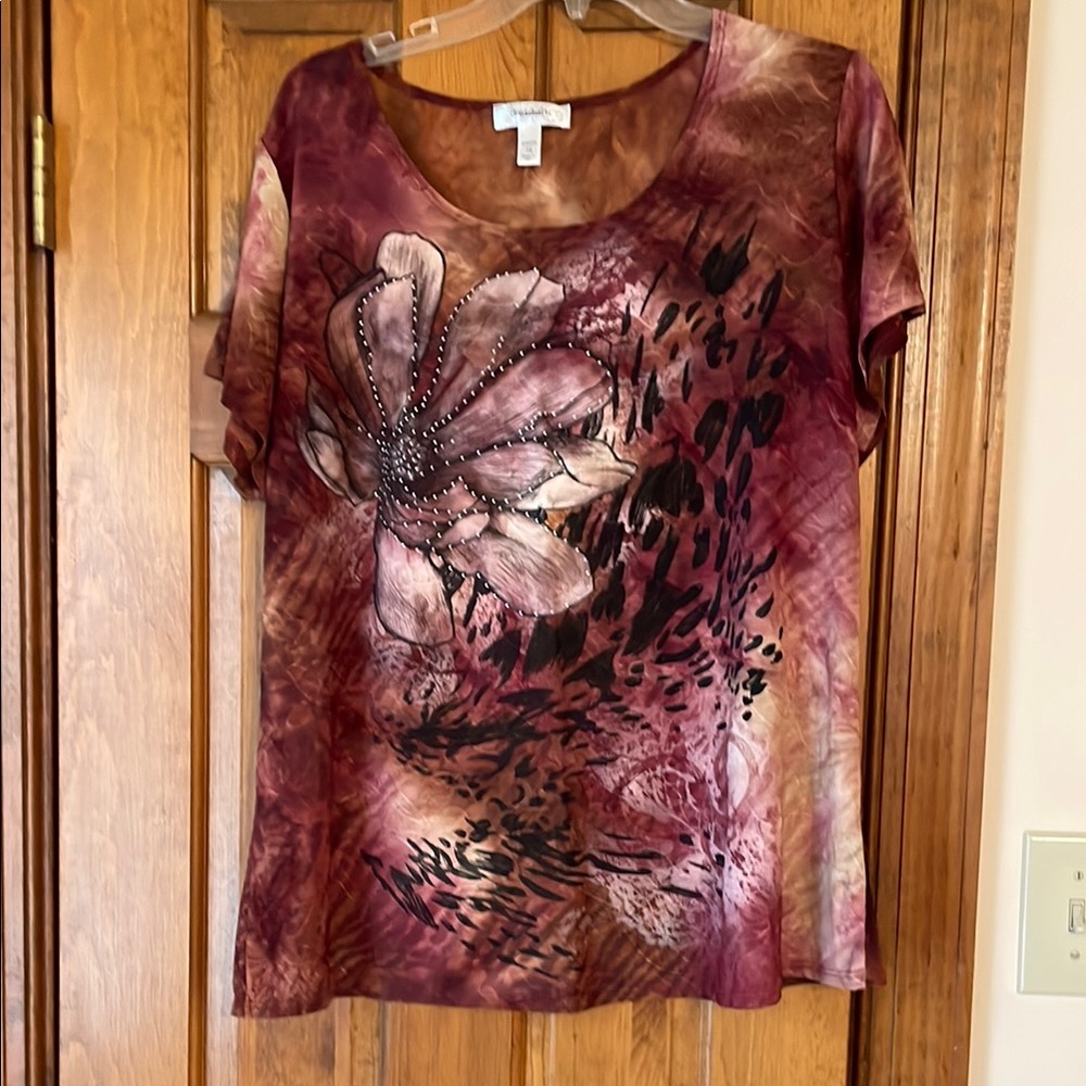 Dress Barn Burgundy Floral Short-Sleeve Tee with Rhinestone Accent